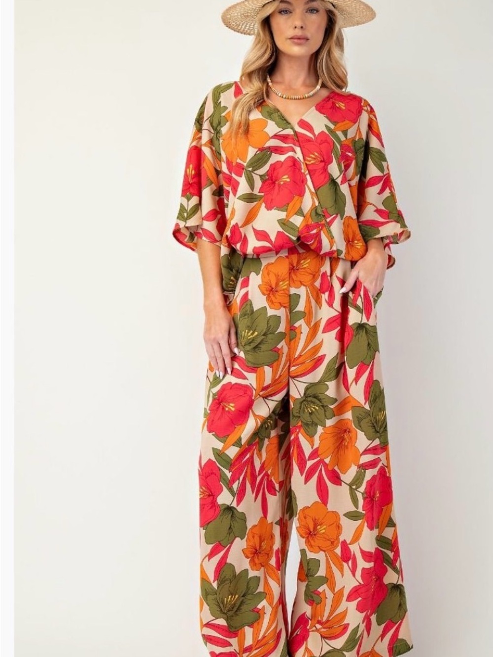 easel SET Cream Jumpsuit with Red, Orange & Green Floral Print